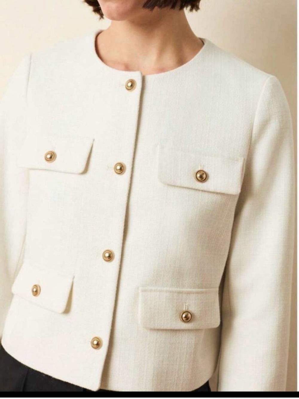 Zara Cream Collarless Jacket with Gold Buttons